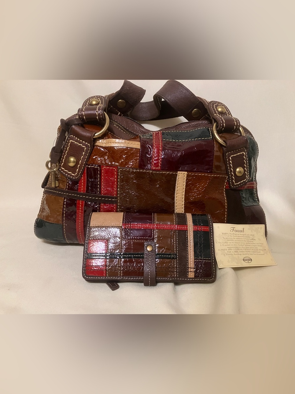 Fossil Multicolor Patchwork Women's Leather Suede Purse With Wallet Vintage
